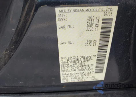 2015 Nissan Altima 2.5 S from USA, damaged, VIN 1N4AL3AP5FN922337